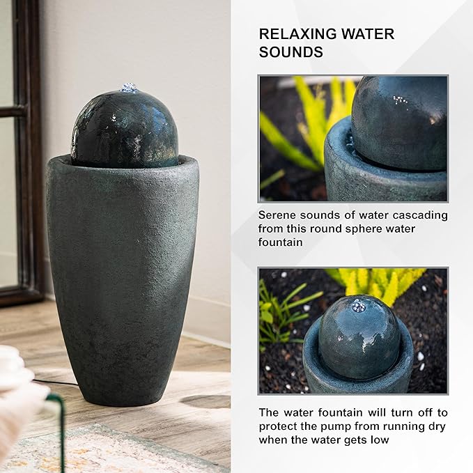 XBrand 25.98" H Round Stone Indoor/Outdoor Modern Stone Textured Sphere Water Fountain w/LED Lights, Dark Green - Bloomnest