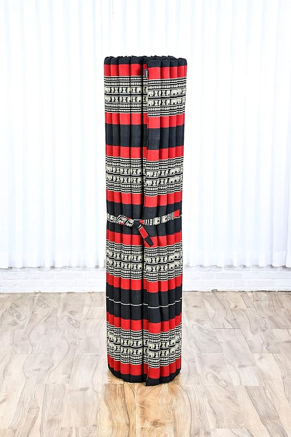 Leewadee - Foldable Floor Mattress - Japanese Roll Up Futon -Trifold Tatami Mat- Guest Floor Bed - Camping Mattress - Thai Massage Mat, Kapok Filled, 75 x 57 inches, Black Red - Bloomnest