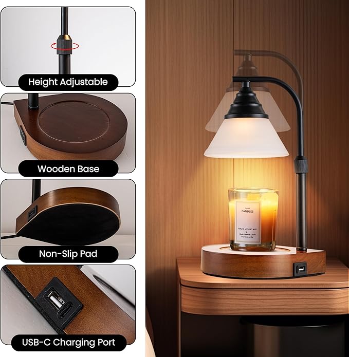 Candle Warmer Lamp New Modern Teardrop Style (4 Bulbs, Dimmer/Timer, Adjustable Pole, USB A&C Charging Ports)-Soft Brightness-Creates Ambience-Giftbox Included - Bloomnest