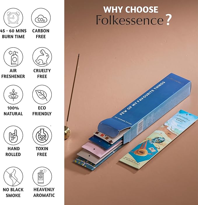 Folkulture Incense Sticks Gift Set (120 Sticks) | Set of 6 Premium Sweet Incense for Beach, Summer Vacation | No Charcoal, Organic, Non Toxic, 45 Mins Long Burning Petrichor, Espresso, Coffee