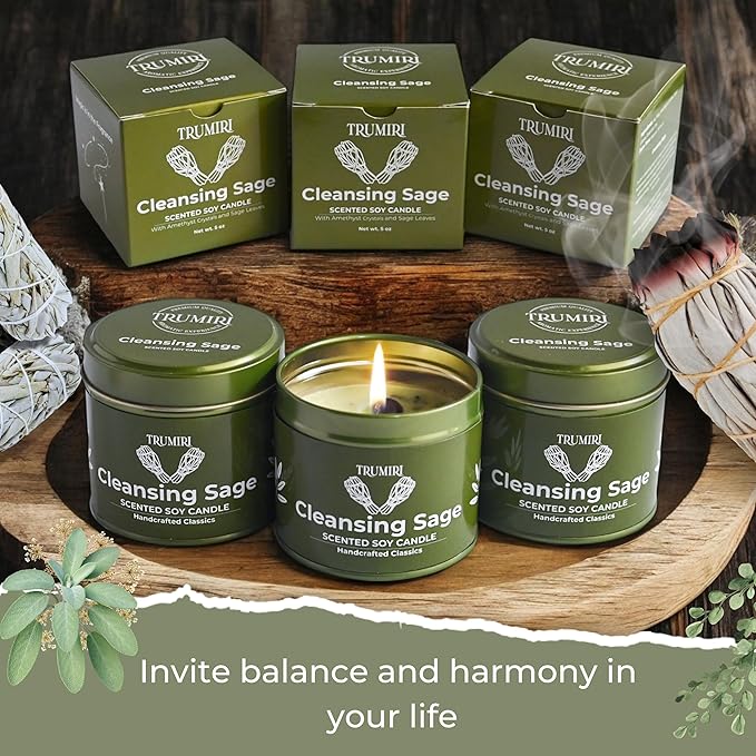 Sage Candle for Cleansing House Negative Energy - Pack of 3 x 5oz Soy Wax Natural Clean Organic Non Toxic - Aromatherapy Spiritual Meditation Gifts - Long Lasting Highly Scented Candel with Crystals TRUMIRI