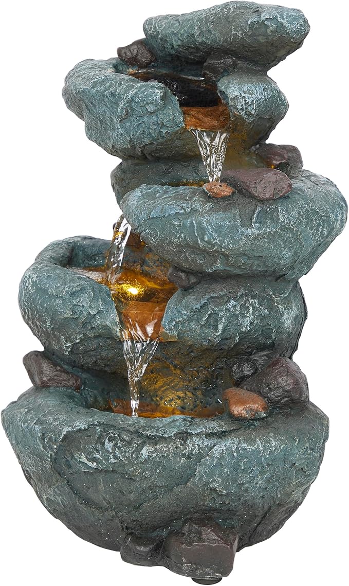 Alpine Corporation TZL418 14" 3 Tier Rock Fountain with LED Lights, Elegant Cascading Water Feature for Tabletop, Indoor Decor, Relaxing Stone Waterfall for Home & Office, Gray - Bloomnest
