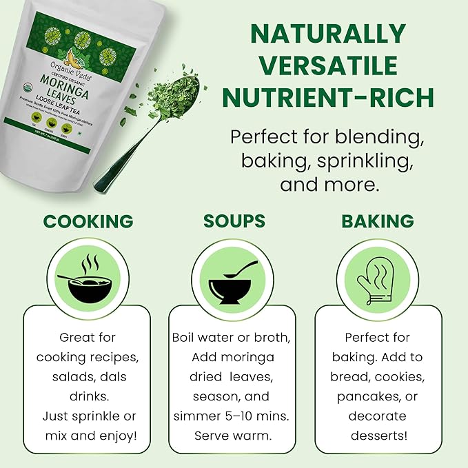 Organic Veda Moringa Tea Leaves - 100% Organic Dried Leaves - Moringa Oleifera Loose Leaf for Herbal Tea - Antioxidants Rich, Naturally Boosts Energy, Supports Digestion & Immune System - 7oz - Bloomnest