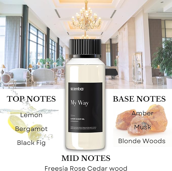 Scentia Hotel My Way Diffuser Oil Inspired by The 1 Hotel MiamiBeach - 120 ml 4.06 fl oz - Fragrance Oil Blend Sandalwood, Cedar & Lemon Notes for Aromatherapy Diffusers and Humidifiers - Bloomnest