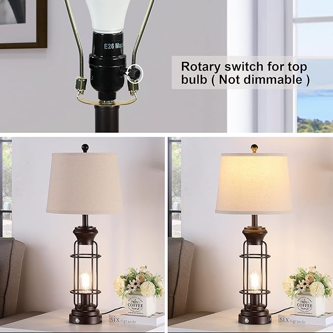 28.5" Farmhouse Lamps for Bedrooms Set of 2, Tall Table Lamps for Living Room with Dual USB Charging Port, Oil Rubbed Bronze Table Lamp with White Oatmeal Shade, Bulbs Included - Bloomnest