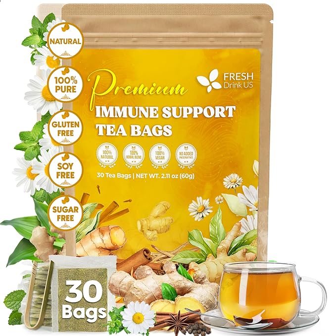 FreshDrinkUS, Premium 30 Tea Bags Immune Support Herbal Tea, Ginger, Cinnamon, Chamomile, Licorice Root, Black Pepper and Orange Peel – 100% Natural, Caffeine-Free, Vegan - Bloomnest