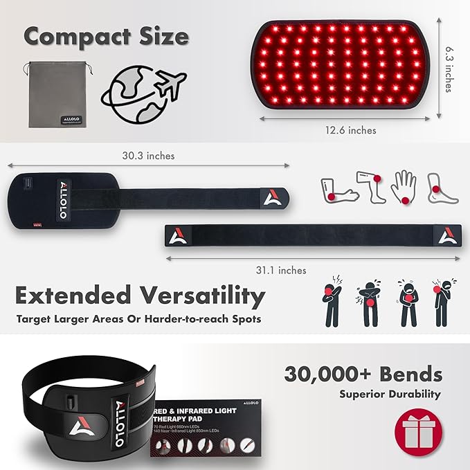 ALLOLO Red Light Therapy for Body, 3-in-1 LED Bead Red Light Therapy Belt with Timer Remote Control, 12.6"*6.3" 660nm&850nm Infrared Light Therapy for Body Back Waist Shoulder Knee Joint (Corded)