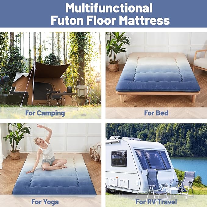 Japanese Floor Mattress, Futon Mattress with Portable Storage Bag and Washable Cover, Roll Up Thick Tatami Mat Suitable for Camping, Guest Room (Coastal Gradient, Queen) - Bloomnest