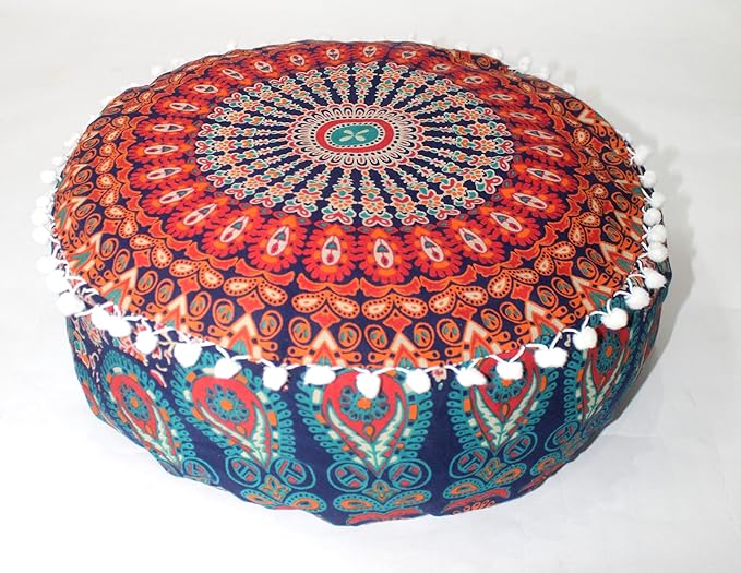 INDIAN CRAFT CASTLE ICC Mandala Barmeri Large Floor Pillow Cover Cushion Meditation Seating Ottoman Throw Cover Hippie Decorative Zipped Bohemian Pouf Ottoman Cases Multi Orange 16" Round - Bloomnest