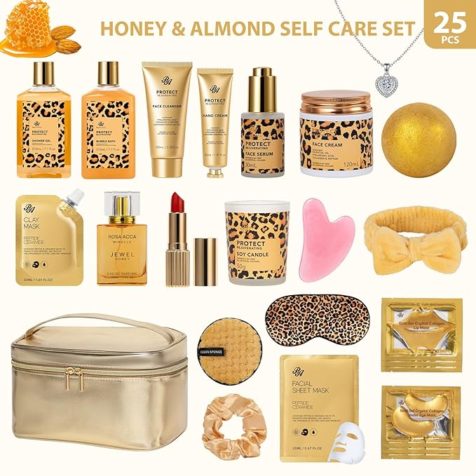 25 Pcs Valentines Day Gifts for Women, Honey & Almond Bath & Body Gift Set, Hydrating Skin Care Kit, Spa Gift, Cosmetic Bag, Necklace, Anniversary, Christmas, Birthday, Mothers Day - Bloomnest