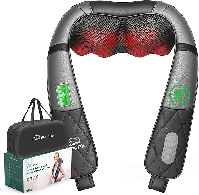 Snailax Rechargeable Neck Massager with Heat, Shiatsu Back and Neck Massager, Cordless Portable Deep Kneading Shoulder Massage Pillow, Gifts for Dad Mom