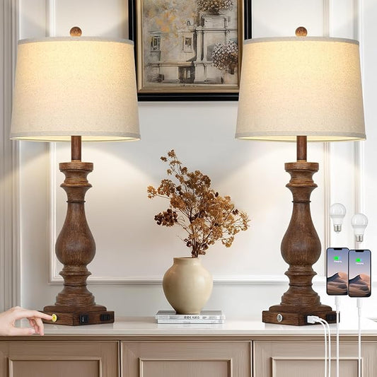 29" Tall Farmhouse Table Lamp for Living Room Set of 2,Vintage Retro Nightstand Lamps with USB C+A Ports & AC Outlet,3-Way Dimmable Touch Bedside Lamp for Bedroom Side Table,Brown - Bloomnest
