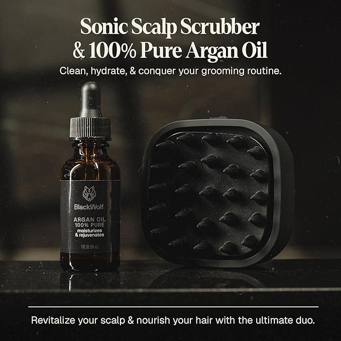 Black Wolf Sonic Scalp Head Massager & 100% Pure Argan Oil Bundle - Hair Care Products for Healthy Looking Hair & Scalp - Men's Shower & Bathroom Essentials Set BlackWolf