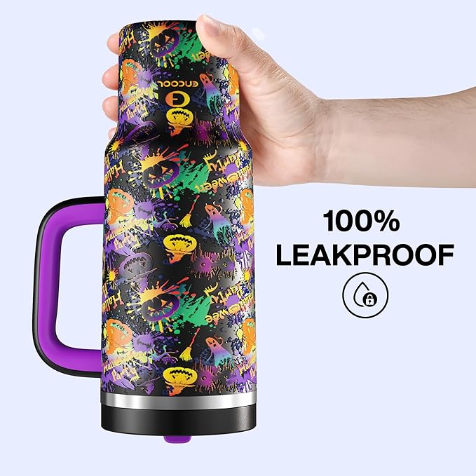 ENCOOL 40 oz Tumbler with Handle and Straw: Stainless Steel Insulated Tumbler Keeps Cold for 24 Hours, Leakproof Travel Cup Fits in Cup Holder and BPA-Free, Ghost Party ENCOOL
