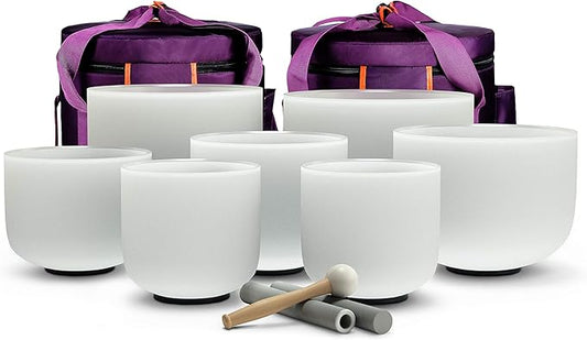 TOPFUND 6-12 inch Chakra Set of 7 Crystal Singing Bowls with Carrying Cases and Mallets - Bloomnest