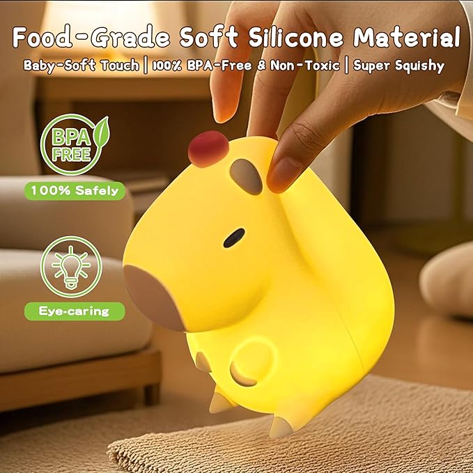 Capybara Night Light,Cute Tangerine LED Squishy Novelty Animal Night Lamp,Dimmable Soft Silicone Nursery Nightlight for Kids, Rechargeable Bedroom Touch Lamp, Dorm Decor, Baby Boys Girls Gift - Bloomnest