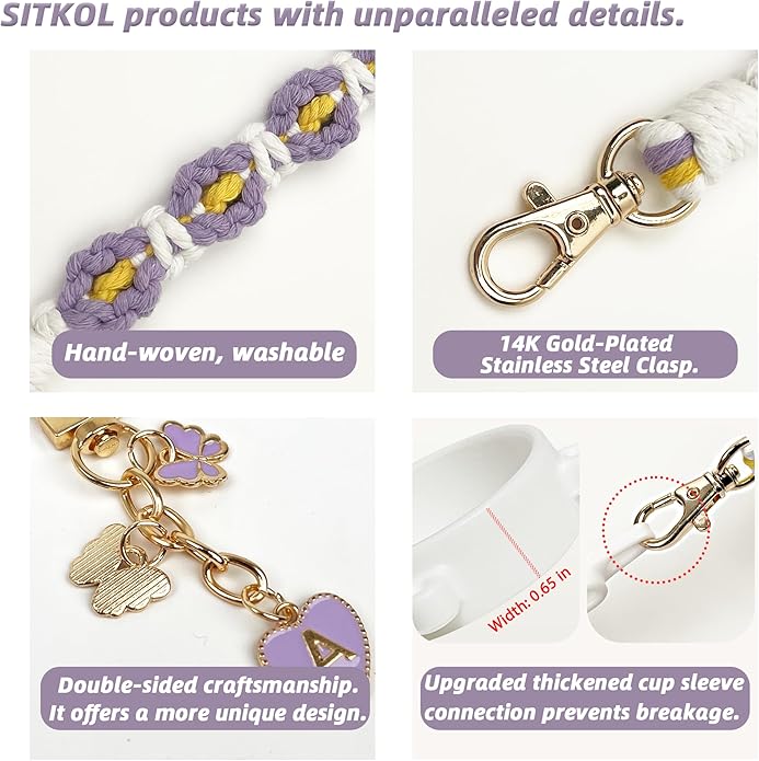 Compatible with Owala Water Bottle Accessories, Cute Letter Charm Set with Boho Handle Strap, Monogram Sticker, Silicone Ring, Keychain Decoration, for FreeSip 24 32 40oz, Owala Kids, Tumbler Gift SITKOL