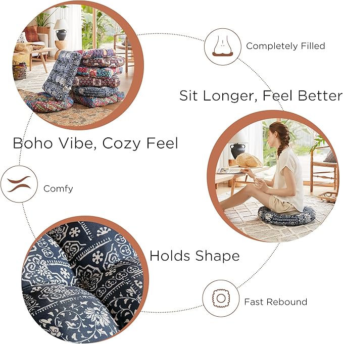 Codi Meditation Floor Pillow, Boho Pillows Seating for Adults and Kids, Large Round Cushion for Yoga Living Room Tatami Sitting, Memory Foam Added, 22x22 Inch, Indigo Elephant - Bloomnest