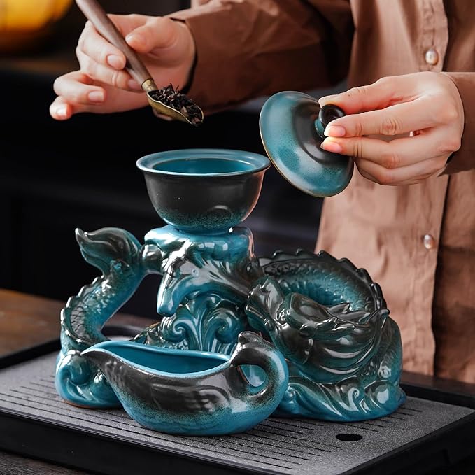Semi Automatic Tea Set Ceramic Teapot with Infuser Magic Teapot with 8 cups (Light Blue Dragon-D) - Bloomnest