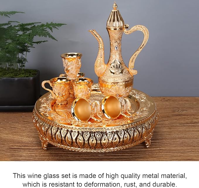 Alvinlite Vintage Small Turkish Coffee Pot Set, Turkish Tea Set with 6 Coffee Cups, Gold Wine Carafe and Glasses Set, Tiny Turkish Copper Coffee Cup Set for Home Tea Party 5.11 * 8.46inch(W*H) - Bloomnest