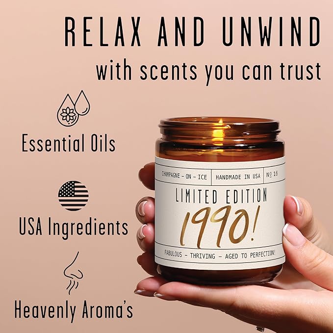 35th Birthday Gifts for Women - 'Limited Edition 1990' Soy Candle, w/Champagne on Ice I 35 Birthday Gifts for Women I 35th Gift for Her Ideas I 9oz Reusable Jar, 50Hr Burn, Made in USA - Bloomnest