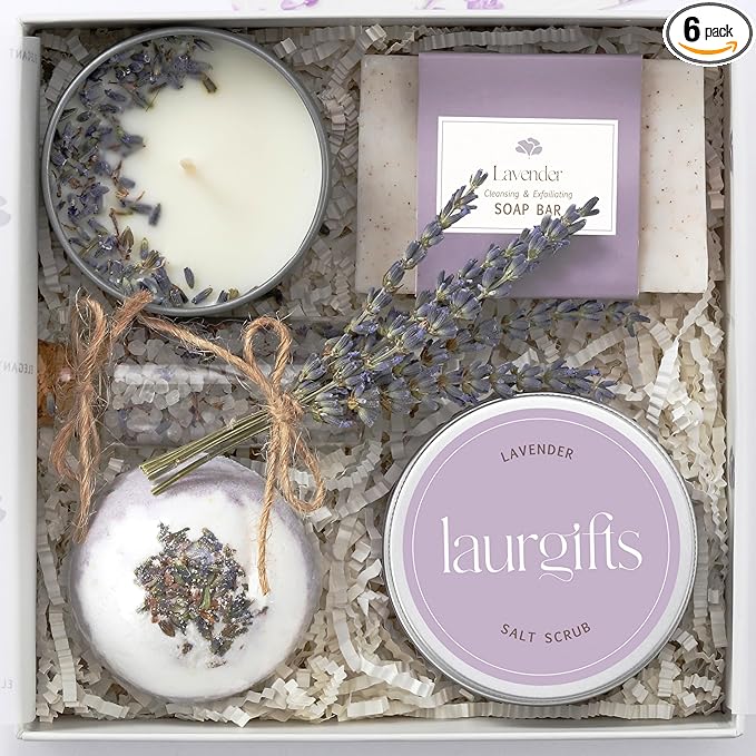 Lavender Spa Gift Box for Women – Small Candle Set with Bath Gifts, Relaxing Self Care Spa Set, Birthday Basket for Women, Mom & New Mom - Bloomnest