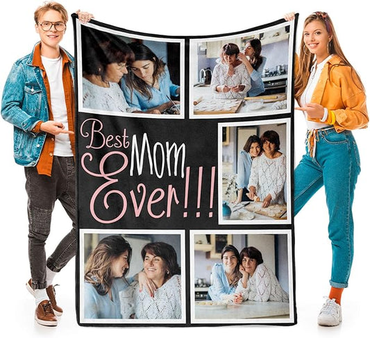Custom Mom Blanket with 5 Photos Personalized Blanket with Pictures Customized Throw Gifts for Mom Grandma Photo Throw Blanket for Birthday Mother's Day, 15 Colors Available - Bloomnest