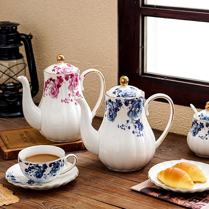 Tea Pot, Porcelain Teapot 37oz,tea pots for tea party,Tea Infuser Pots for Blooming loose Leaf Tea (White with blue flower)