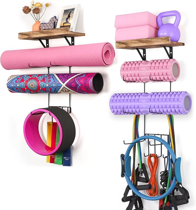 2 PACK Yoga Mat Holder Wall Mount Yoga Mat Storage Shelf Rack Home Gym Accessories with Wood Floating Shelves and 4 Hooks for Hanging Foam Roller and Resistance Bands Home Gym Carbonized Black