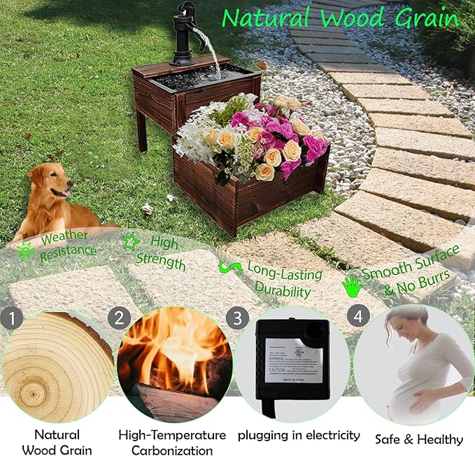 Outdoor Water Fountain，Floor Wooden Rectangular Double-Layer Old-Fashioned Pump Fountain with Flower Box，Plug-in Electric Decorative Hand Pump,Outdoor Water Feature for Garden Patio Backyard - Bloomnest