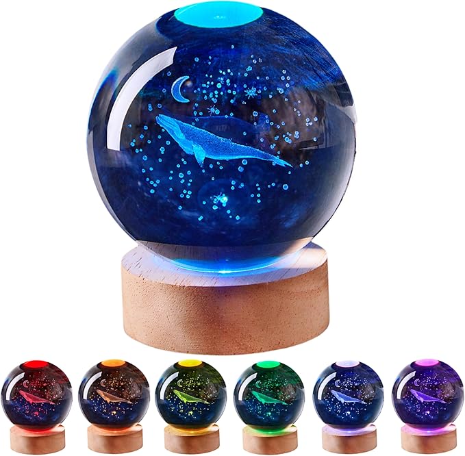 3D Large Whale Crystal Ball Night Light with Wooden Base, Underwater World Crystal Lamp Gift for Kids Wife Friends, 16 Color Changing with Remote Control, 3.15 inch Glass Ball Lamp (Whale) - Bloomnest