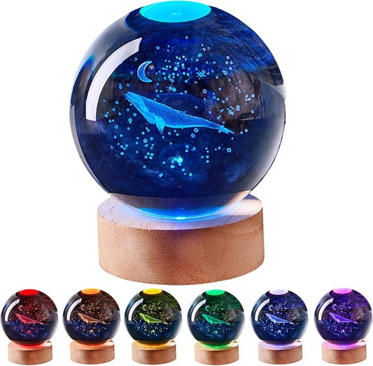 3D Large Whale Crystal Ball Night Light with Wooden Base, Underwater World Crystal Lamp Gift for Kids Wife Friends, 16 Color Changing with Remote Control, 3.15 inch Glass Ball Lamp (Whale) - Bloomnest