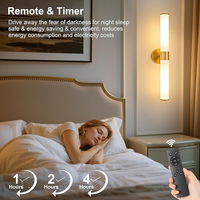 Gold Battery Operated Wall Sconces Set of 2, Rechargeable Wall Lights with Remote Control, 20 Inch Modern Wireless Wall Lamp for Bedroom, Living Room (Bulbs Included) - Bloomnest