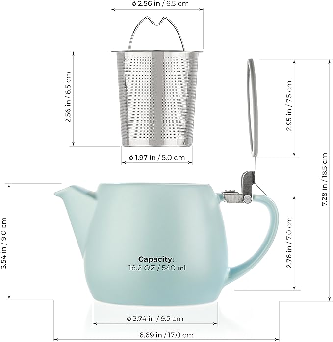 Tealyra - Pluto Porcelain Small Teapot Turquoise - 18.2-ounce (1-2 cups) - Matte Finish - Stainless Steel Lid and Extra-Fine Infuser To Brew Loose Leaf Tea - 540ml - Bloomnest