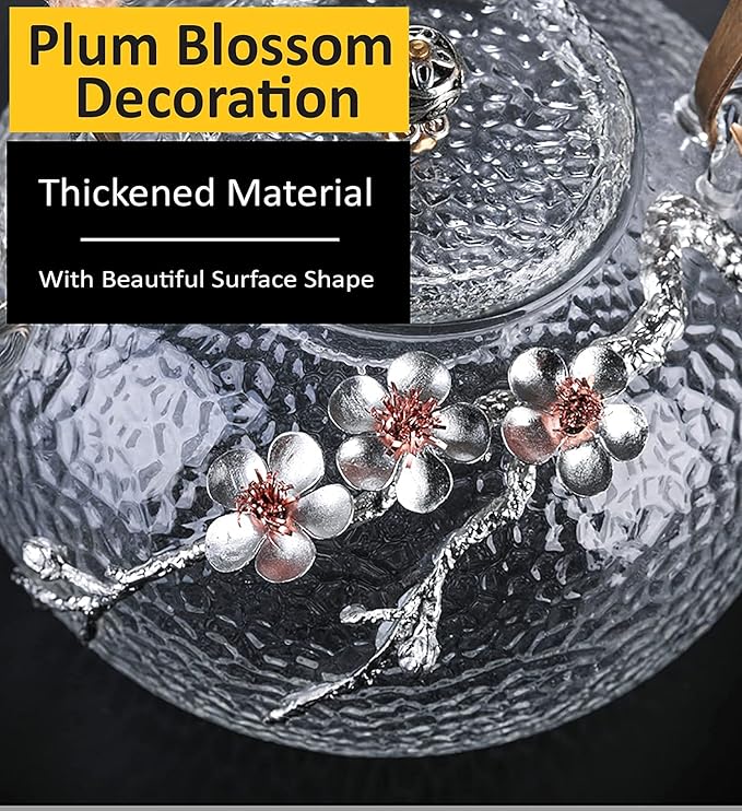 ZENATION Japanese Style hammered glass exquisite 900ml tea pot, with tin and copper plum blossom decoration