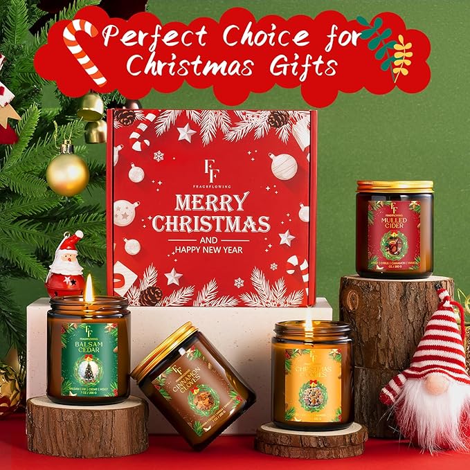 Christmas Candles Set, Scented Candles for Home, 4 Pack Holiday Natural Soy Candles, Christmas Gifts for Women Men, Festival Fragrance of Balsam Cedar/Cookies/Mulled Cider/Cinnamon - Bloomnest