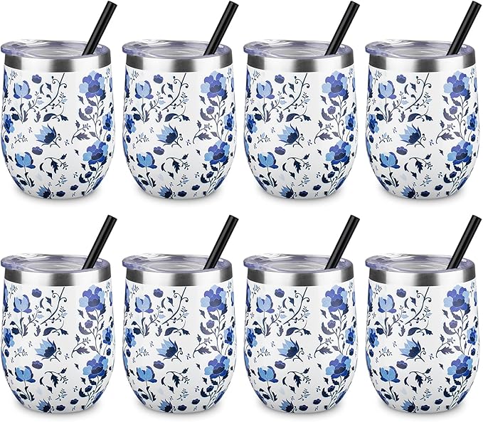 12 oz Insulated Wine Tumbler with Lid and Straw,Stainless Steel Stemless Wine Tumbler Glasses Double Wall Vacuum Wine Cups Tumbler Bulk for Coffee,Cocktail,Office (Blue and White Porcelain,8) - Bloomnest