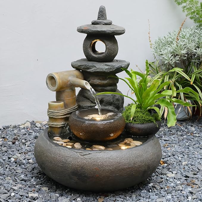 21" H Pagoda and Bamboo Outdoor&Indoor Outdoor Water Fountain, Natural Zen Decor Desian Outside Waterfall with LED Lights - Suitable for Garden/Patio/Yard/Deck/Balcony and Home Art Decor Resin - Bloomnest