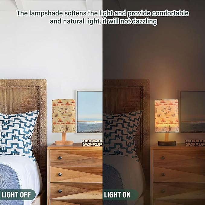 Table Lamp Vintage Desert Sunset Pattern Cactus Mountain Cowboy Horse Turkey Nightstand Lamp with Wood Base Fabric Lamp Shade Bedside Desk Lamp for Living Room Bedroom Kids Room Office - Bloomnest