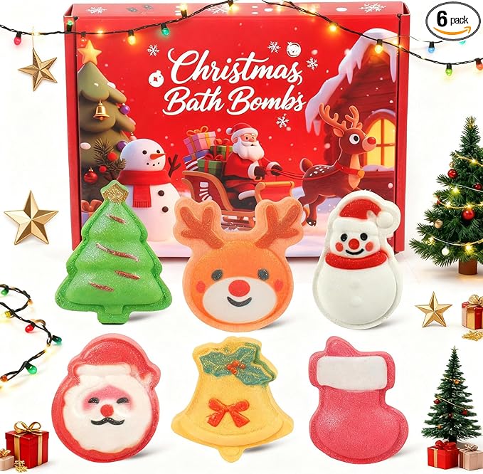 Christmas Bath Bombs for Kids & Women, Handmade Bath Bomb Gift Set of 6 Fun Shapes, Perfect Stocking Stuffers for Teen Girls & Boys, Skin Care Bathbombs as Christmas Gifts for Kids - Bloomnest