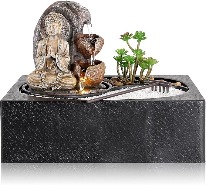 Dyna-Living Water Fountain - Indoor Small Tabletop Waterfall with Zen Garden, LED Warm Light Buddha Fountain for Home Zen Room Decor