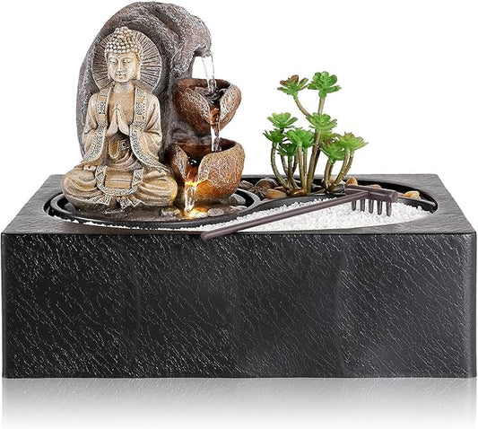 Dyna-Living Water Fountain - Indoor Small Tabletop Waterfall with Zen Garden, LED Warm Light Buddha Fountain for Home Zen Room Decor