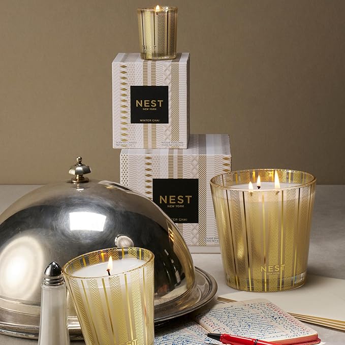 NEST New York Scented 3-Wick Candle, Winter Chai - 21.2 oz - Up to 100-Hour Burn Time - Reusable Glass Vessel - Bloomnest