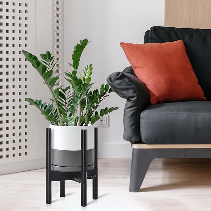 D'vine Dev Ceramic Planter with Ebony Stand - 8 Inch Modern Round Flower Pot with Wood Planter Holder, White/Grey, 55-B-M-6 - Bloomnest