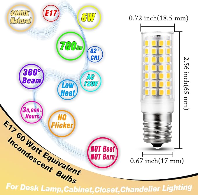 E17 Intermediate Base Light Bulb 6W (60W Halogen Equivalent) 4000K Natural White 700lm 120V LED Ceiling Fan Bulb for Appliance,Desk Lamp,Cabinet,Closet,Chandelier Lighting,Non-dimmable,5pack - Bloomnest