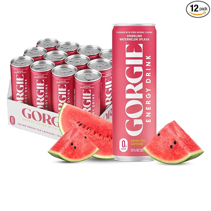 GORGIE Sugar Free Natural Energy Drinks, Sparkling Watermelon Crush (12 Pack) - Healthy Energy Drink - Natural Coffee Replacement with Green Tea Caffeine and Biotin, 150mg Caffeine, Vegan, Low Calorie - Bloomnest