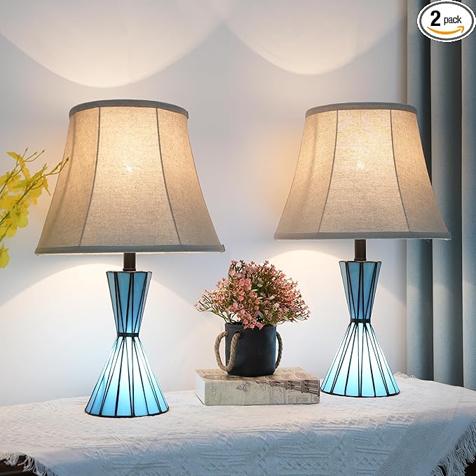 Set of 2 Table Lamps for Bedroom with Stained Glass Night Lights 21'' Bedside Table Lamps with 3-Way Dimmable Desk Lamps for Living Room Home Office - 2 LED Bulbs Included - Bloomnest