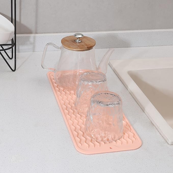 Silicone Dish Drying Mat for Multiple Usage,Easy clean,Eco-friendly,Heat-resistant Silicone Mat for Kitchen Counter,Sink,Bar,Bottle,or Cup Pink M 17 inches x 6 inches - Bloomnest