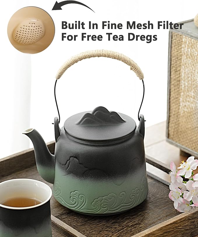 ZENS Vintage Japanese Teapot, 33.8 oz Embossed Ceramic Loose Leaf Teapot with Built-in Strainer for Hot Tea Steeper, Hemp Rope Handle Japanese Tea Brewer Pot for Tea Lovers Gifts - Bloomnest