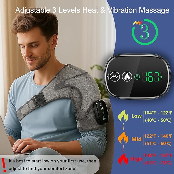 Shoulder Heating Pad with Massage Cordless, Shoulder Massager for Pain Deep Tissue, Heated Shoulder Wrap with Massage, Heat Pad for Pain, Christmas Gifts for Men Women - Bloomnest